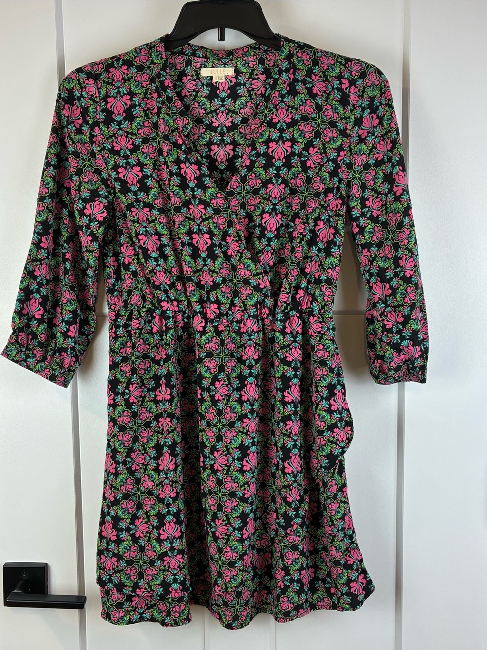Tulle Women's Black Dress Pink Flowers Elastic Waist Size Small  j